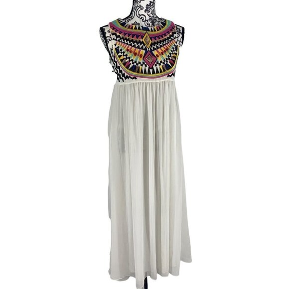 Vivi Party Embroidered Boho Maxi Dress White Sheer Taffeta Skirt Size Medium - Picture 2 of 10